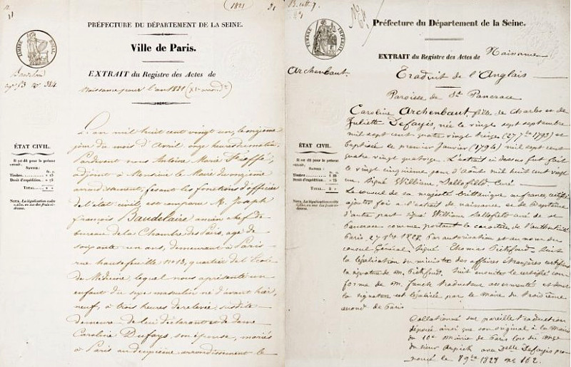 Certidões de nascimento de Charles Baudelaire (1821-1867) e sua mãe, Caroline Aupick (1793-1871).